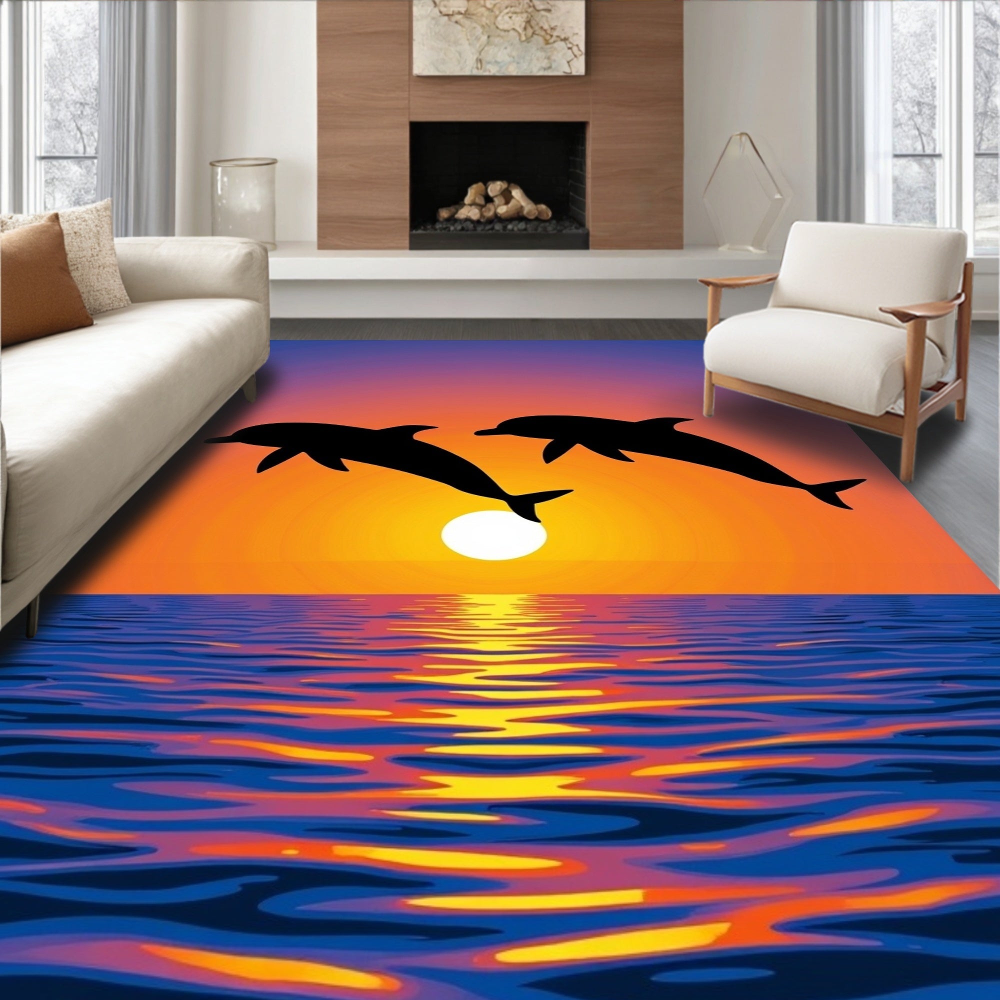 Jumping Dolphins Vivid Sunset Ocean Reflection Rug