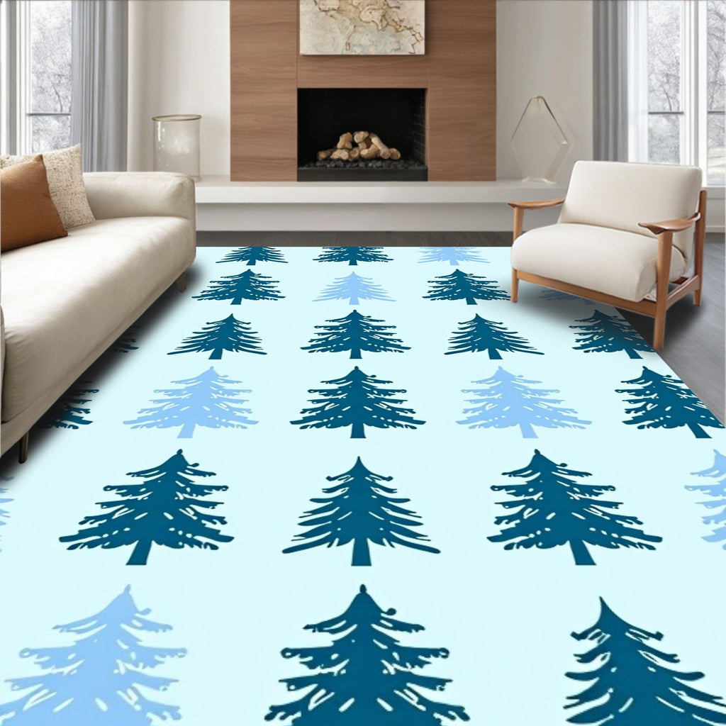 Cool Blue Woodland Pine Trees Rug