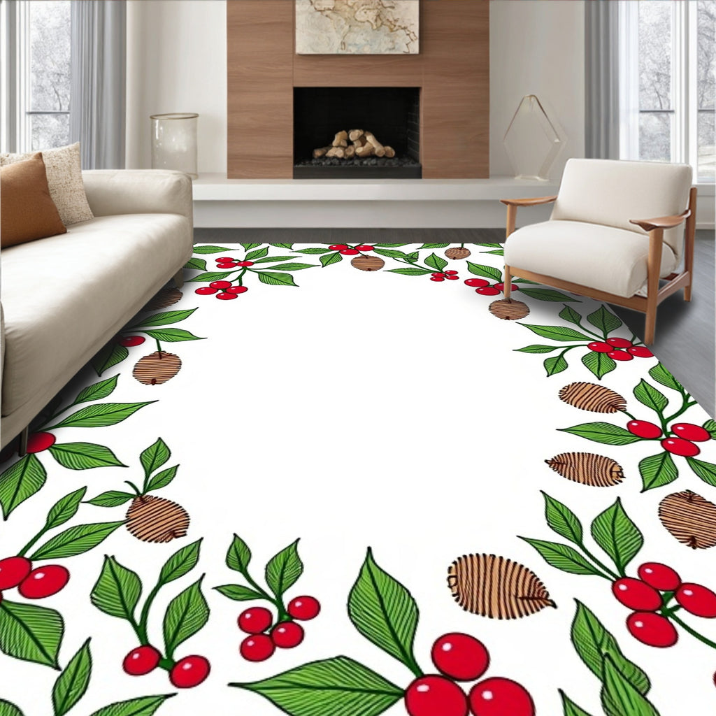 Red Berry Green Leaf Branch Accent Rug