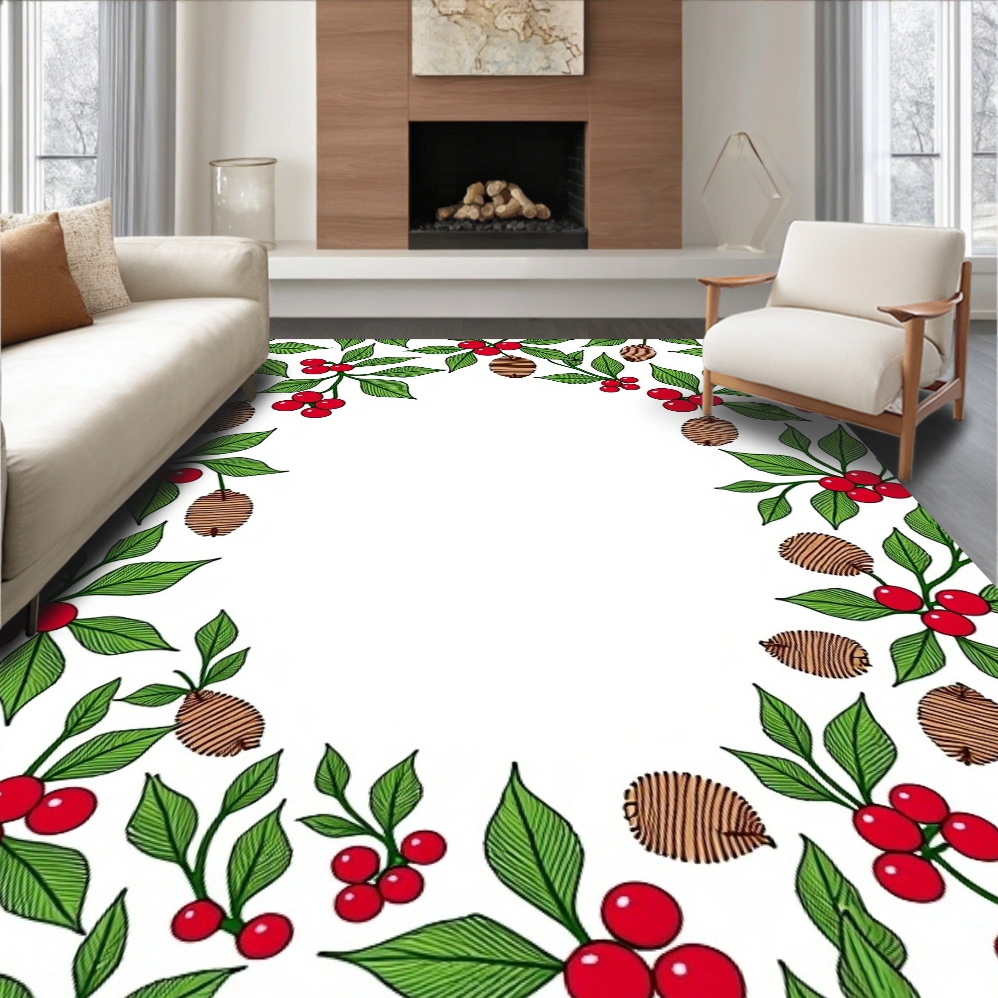 Red Berry Green Leaf Branch Accent Rug
