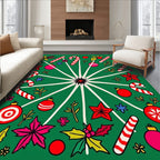 Festive Red Green Candy Cane Holly Rug