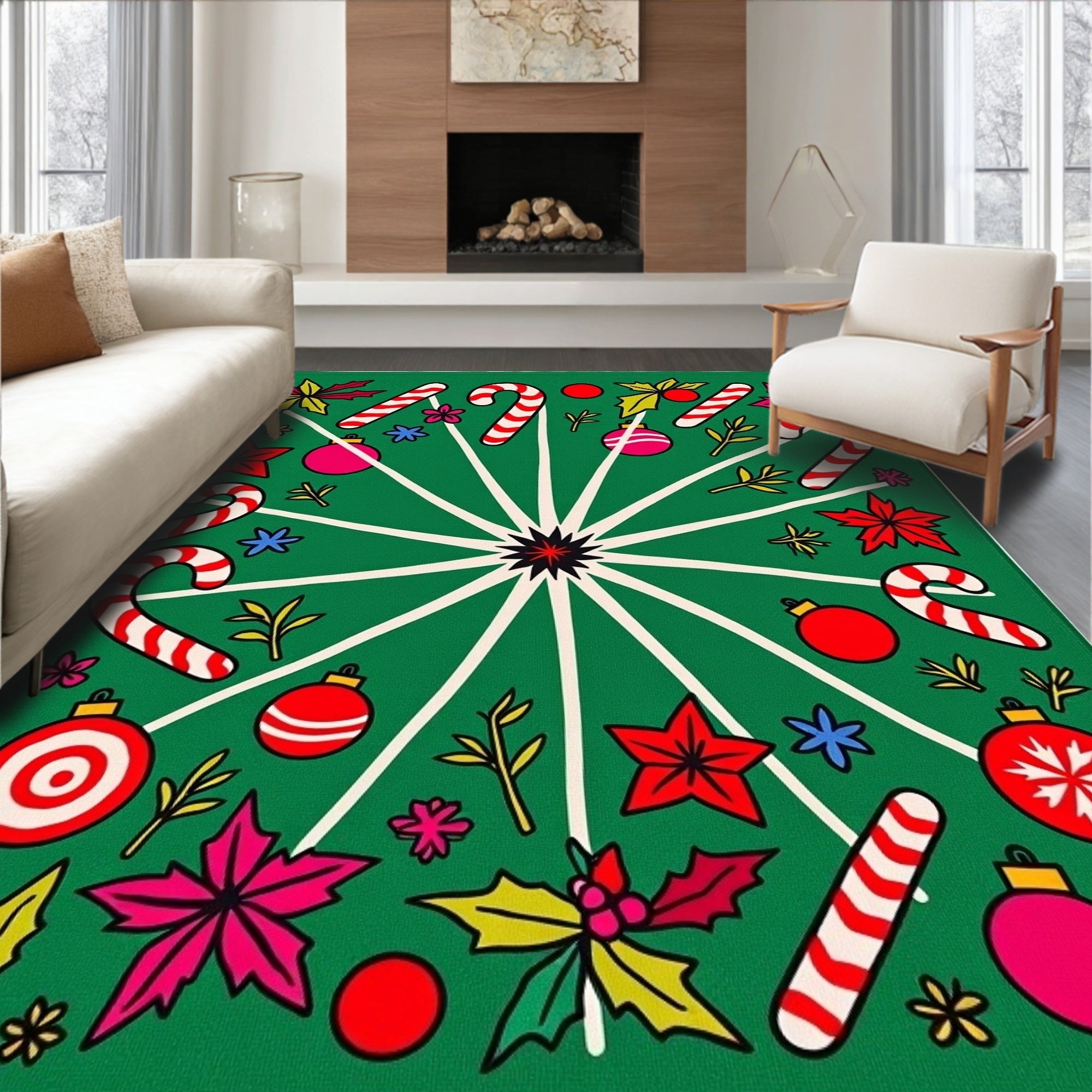 Festive Red Green Candy Cane Holly Rug