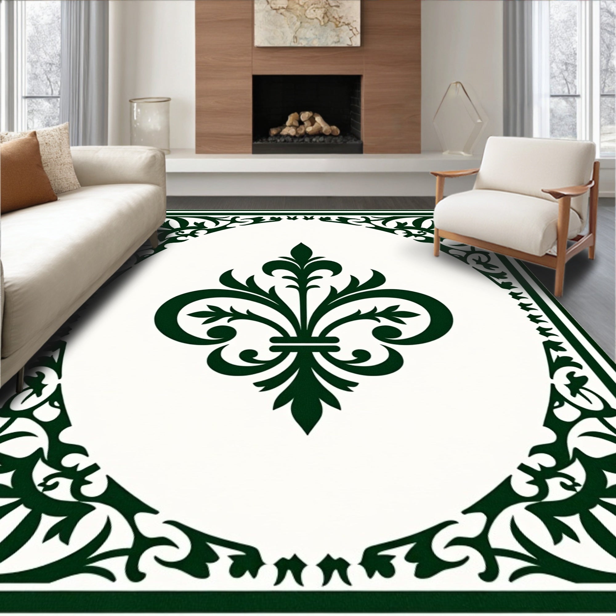 Dark Green Ornate Fleur de Lis Rug