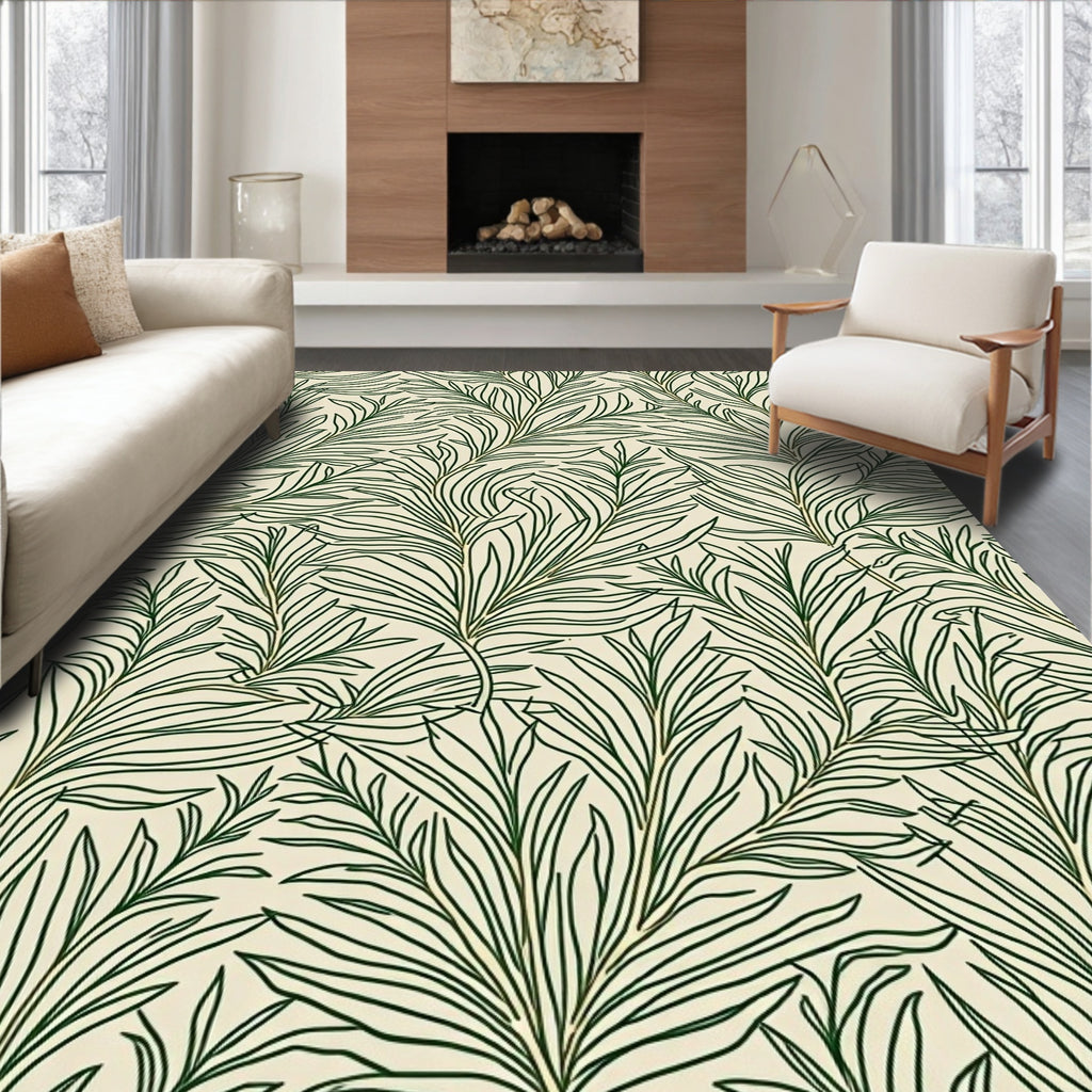 Green Leafy Branches Continuous Line Art Rug