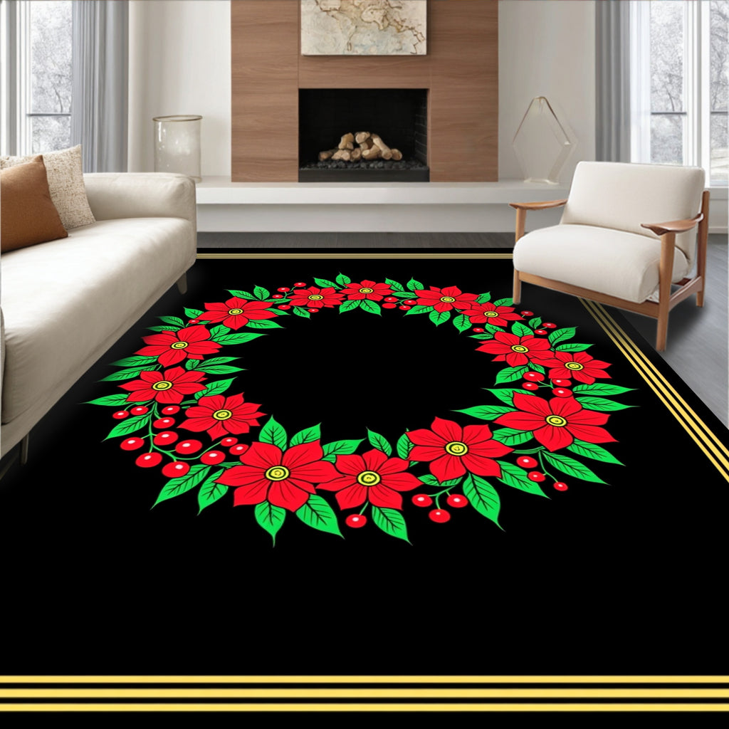 Crimson Floral Berry Wreath Rug