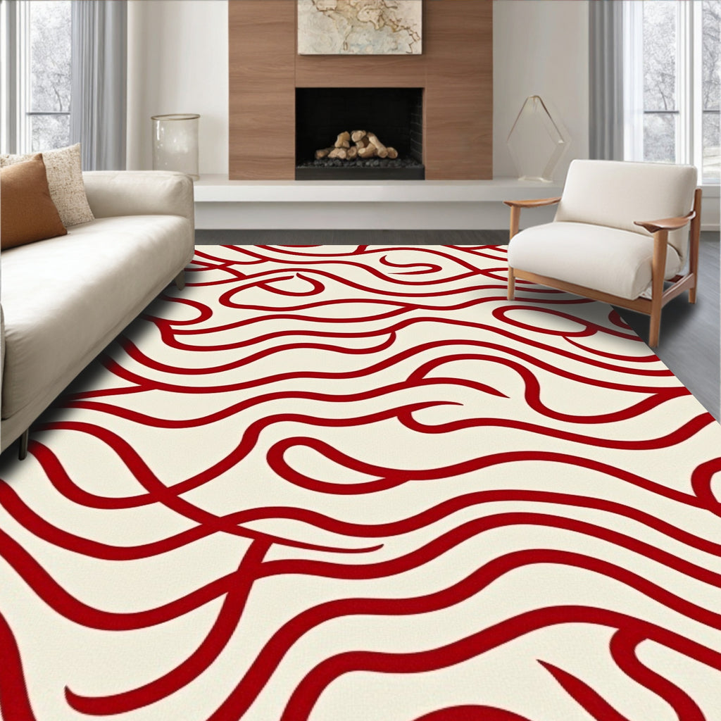 Crimson Red Wavy Line Abstract Rug