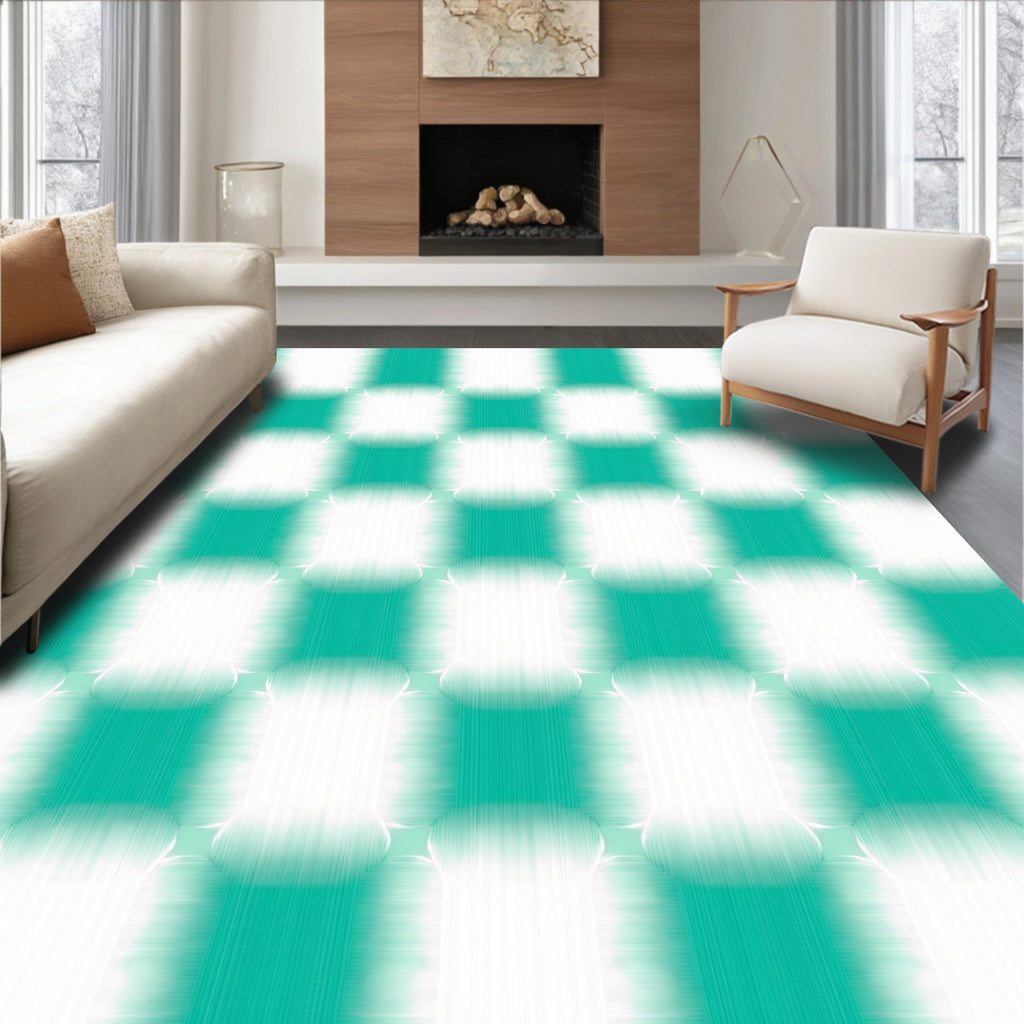 Aqua White Checkered Blended Squares Rug