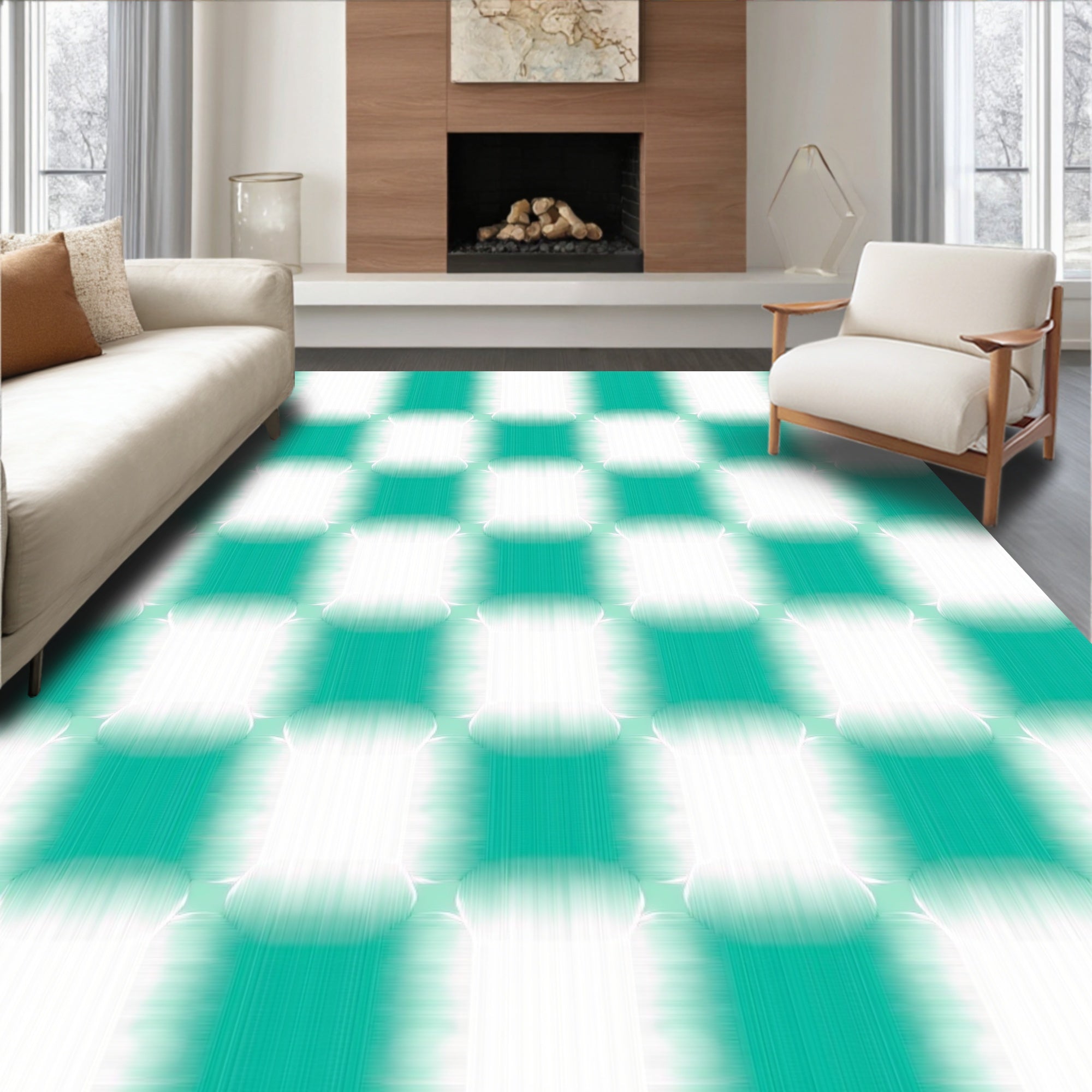 Aqua White Checkered Blended Squares Rug