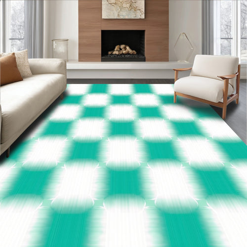 Aqua White Checkered Blended Squares Rug