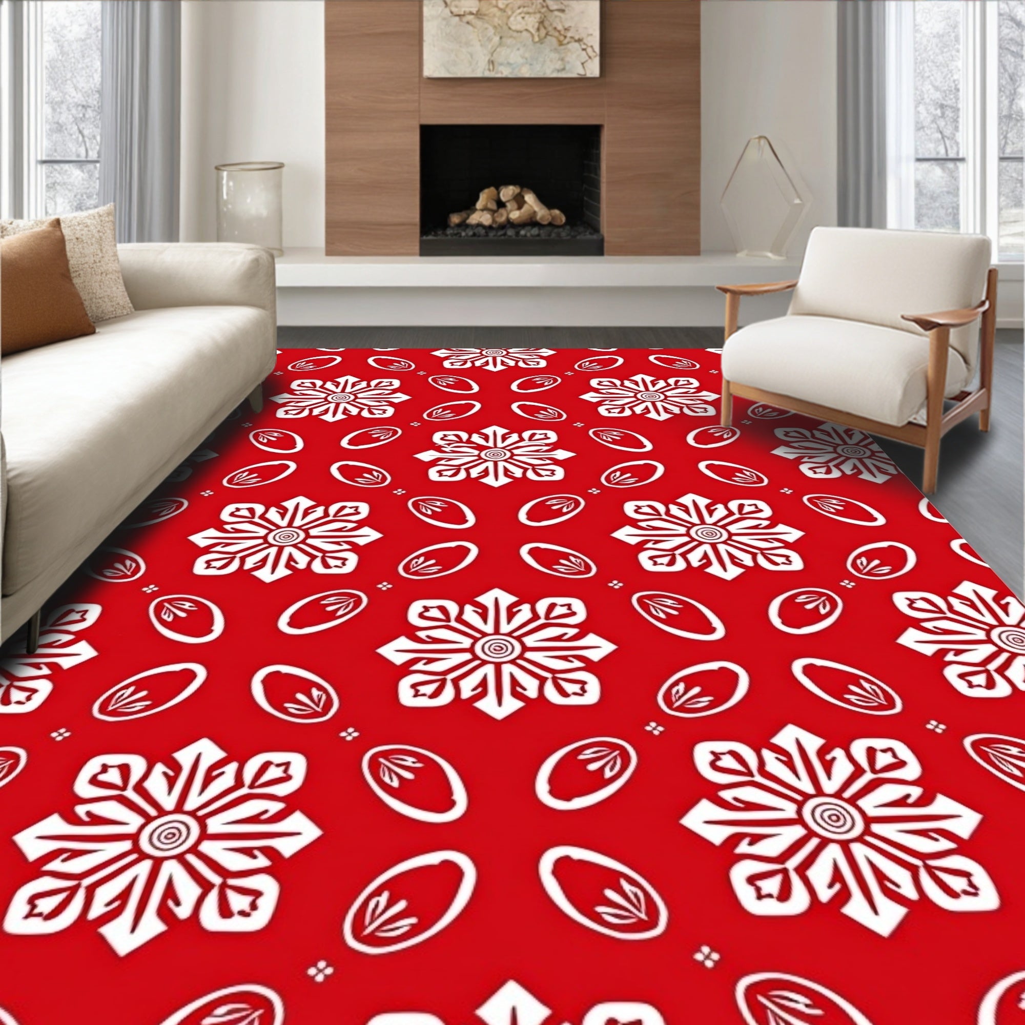 Crimson White Floral Medallion Swirl Rug