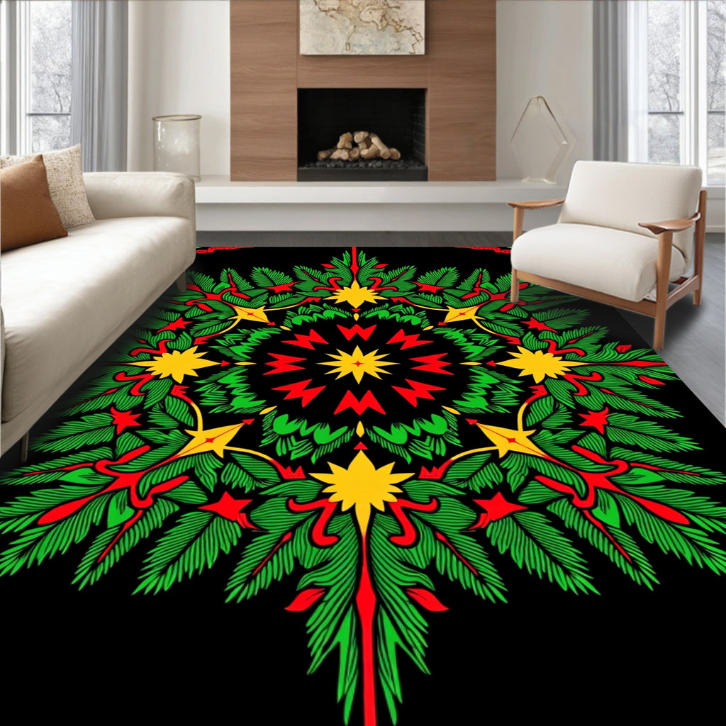 Festive Green Red Yellow Starburst Mandala Rug