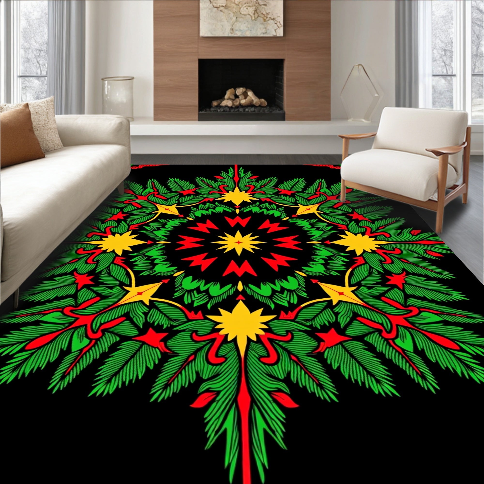 Festive Green Red Yellow Starburst Mandala Rug