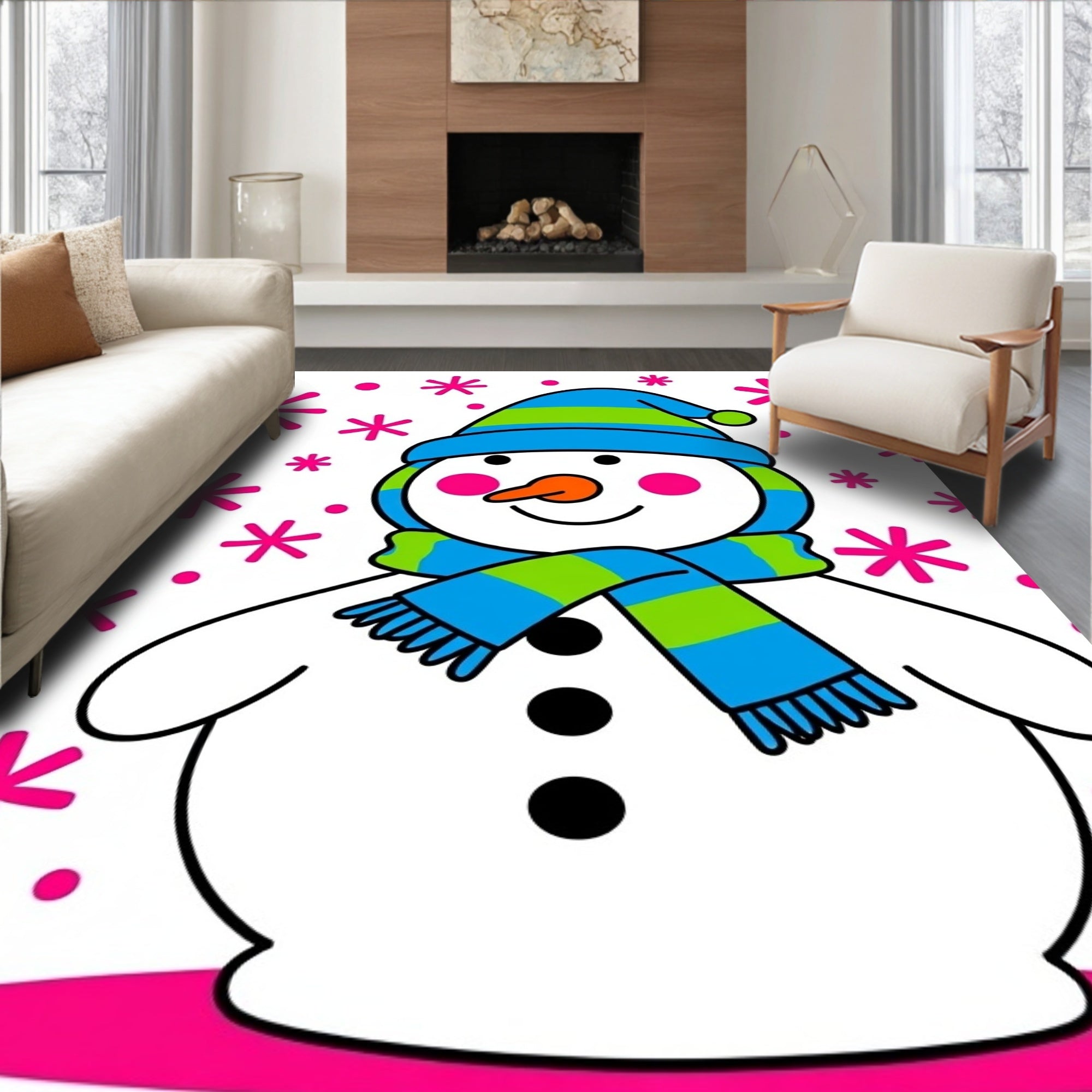 Jolly Snowman With Pink Snowflakes Rug