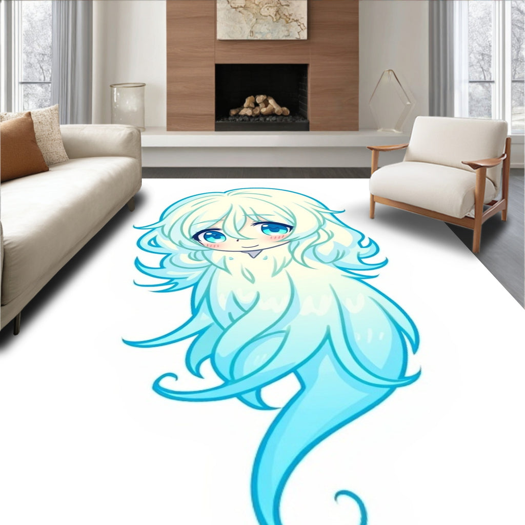 Kawaii Pale Blue Ghost Character Rug