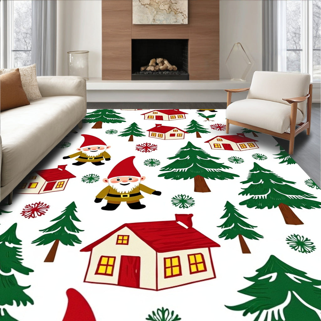Festive Gnomes And Red Houses Christmas Rug