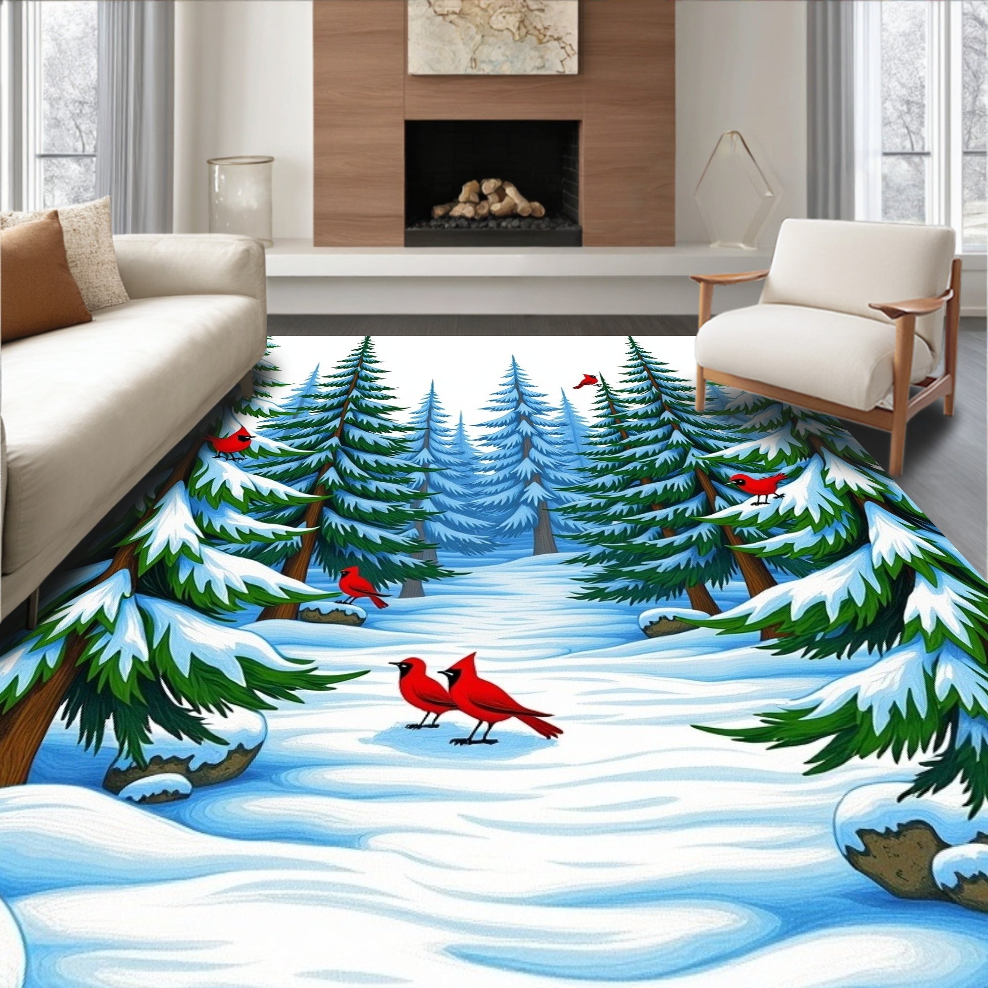 Winter Cardinal Forest Snow Scene Rug