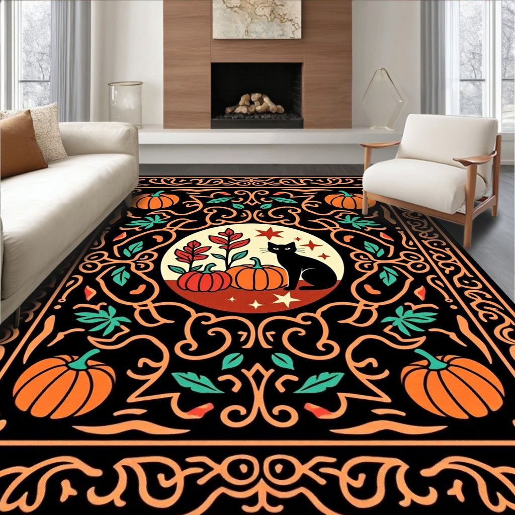 Black Cat Orange Pumpkin Halloween Scene Rug
