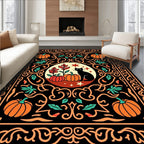 Black Cat Orange Pumpkin Halloween Scene Rug
