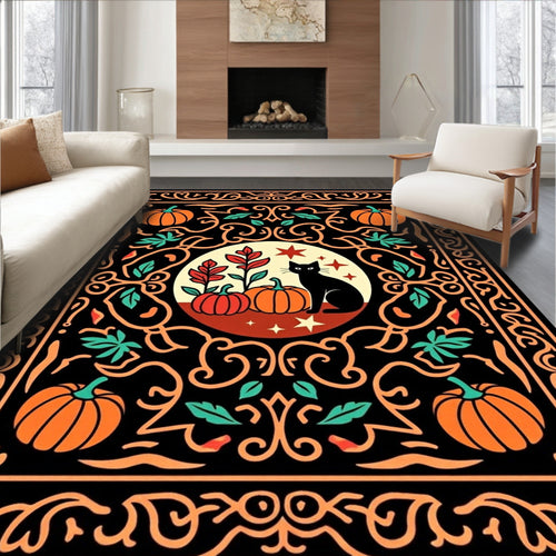 Black Cat Orange Pumpkin Halloween Scene Rug
