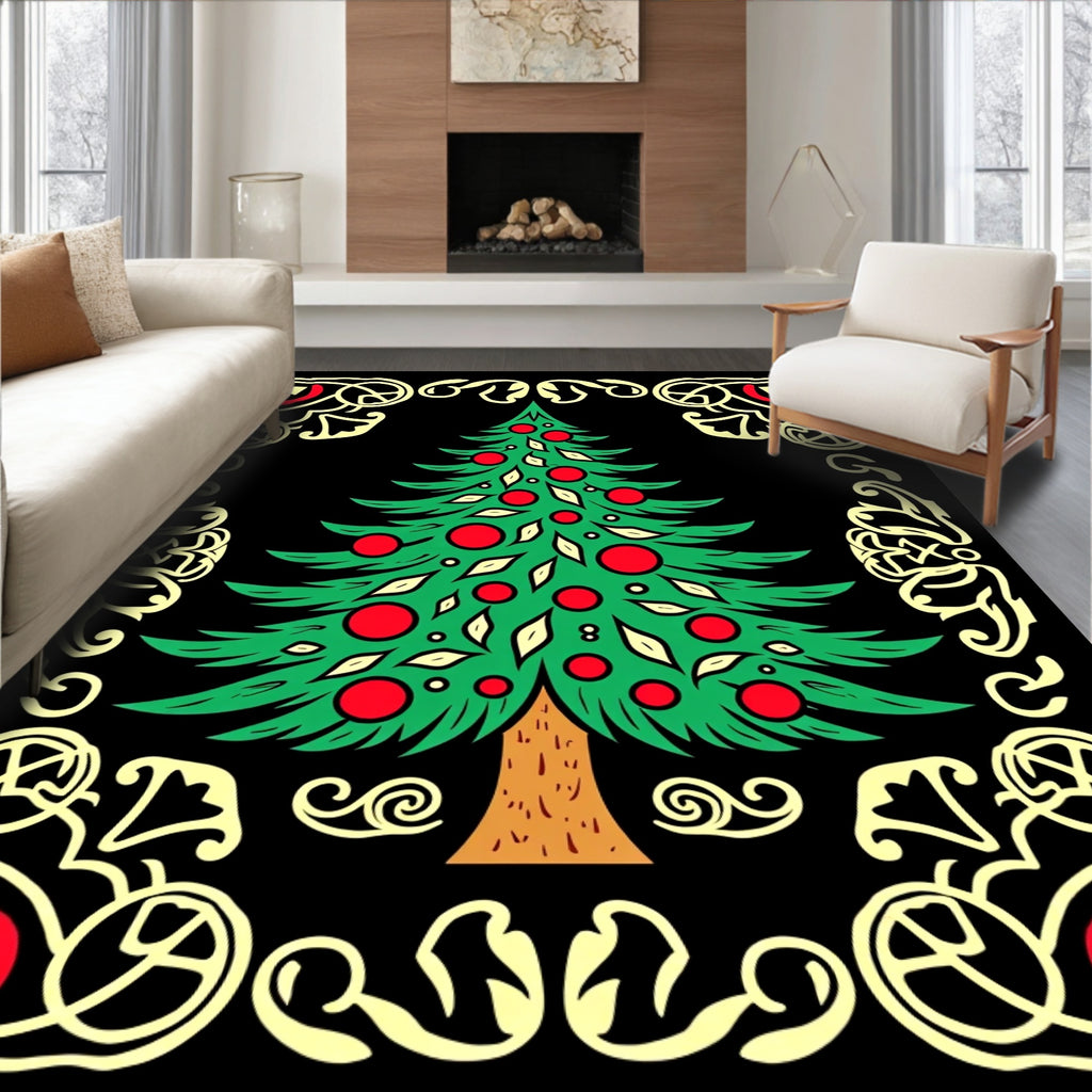 Festive Green Tree Red Ornament Border Rug