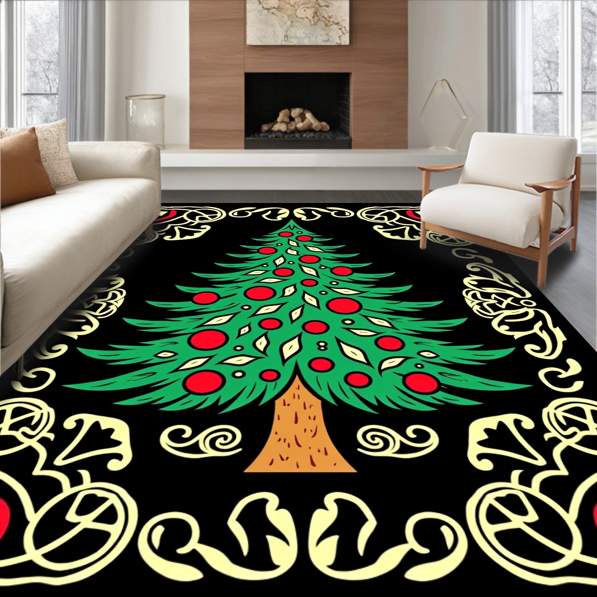Festive Green Tree Red Ornament Border Rug