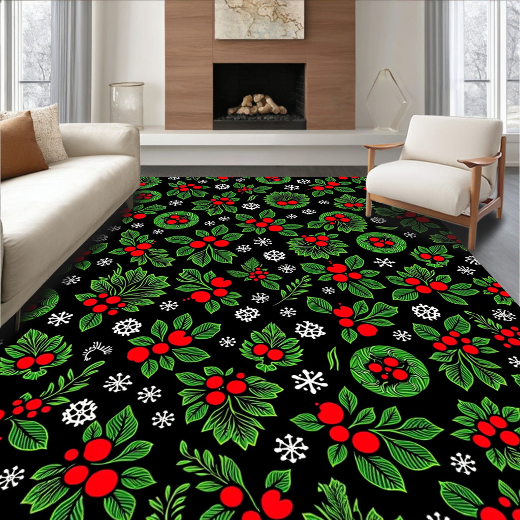 Crimson Berry Green Leaf Snowflakes Rug