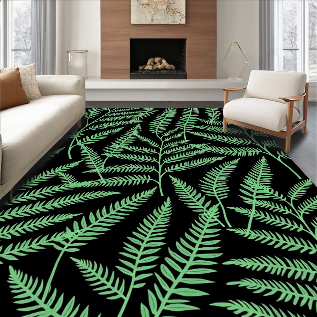 Light Green Fern Forest Black Rug