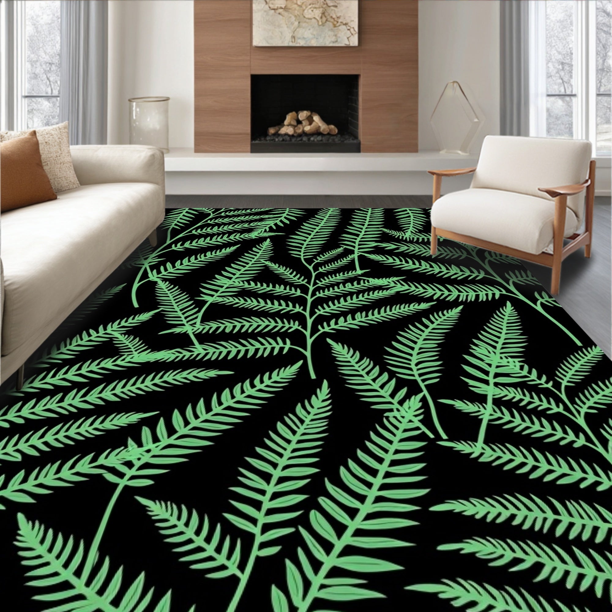 Light Green Fern Forest Black Rug