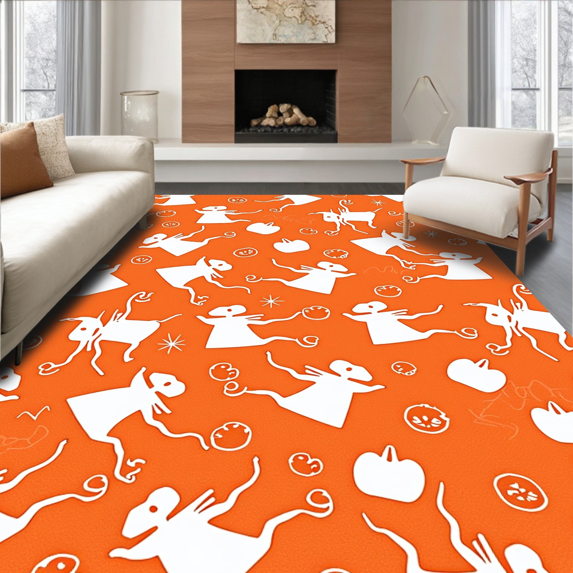 Whimsical White Figures Orange Background Rug