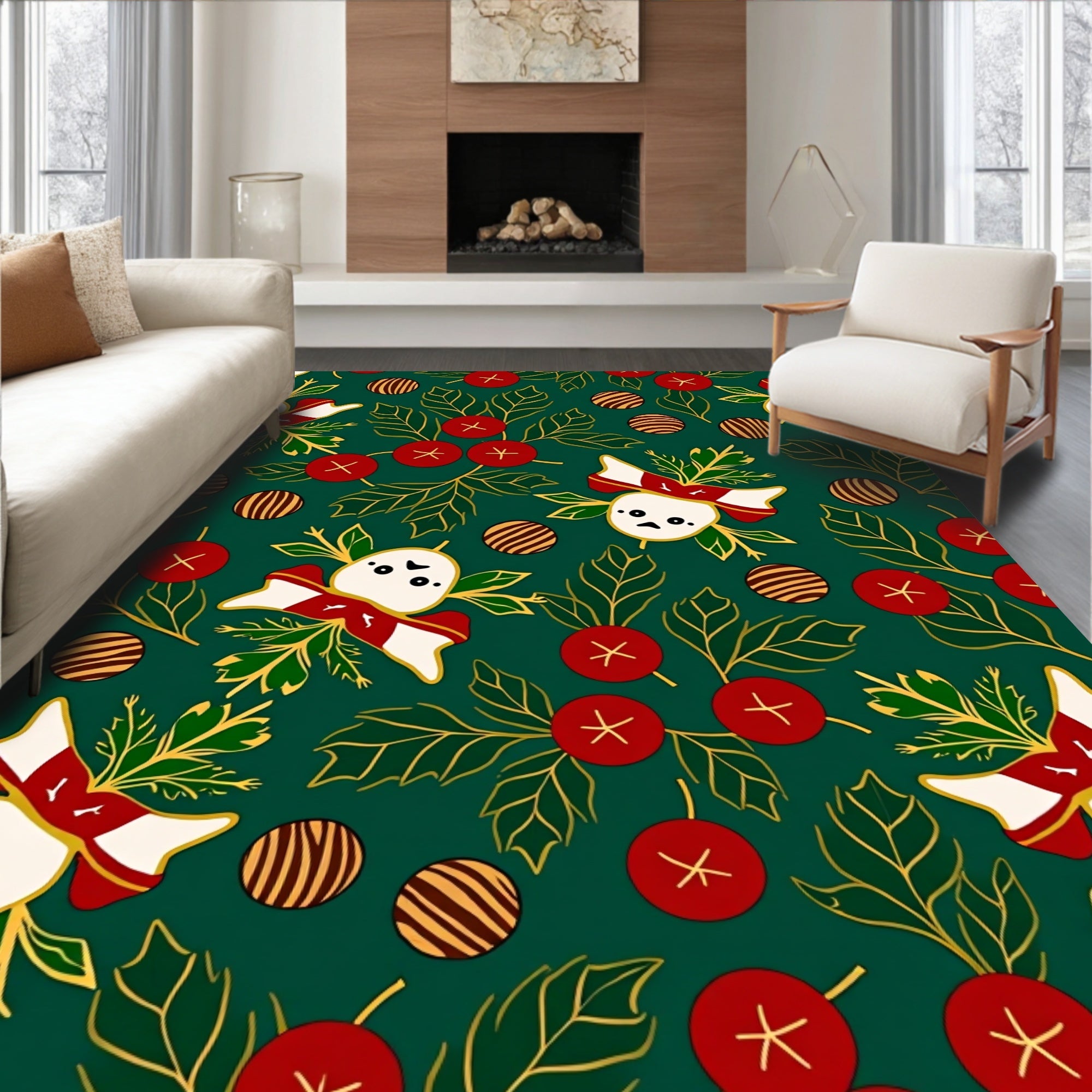 Green White Red Christmas Character Garland Rug