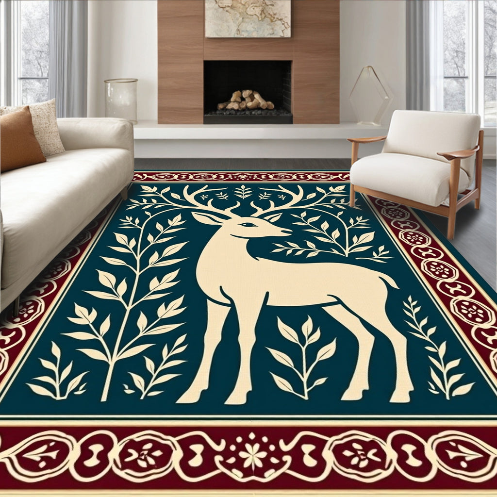 Cream Deer With Burgundy Floral Border Rug