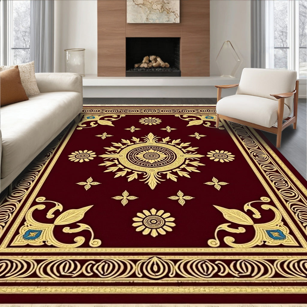 Burgundy Gold Floral Medallion Border Rug