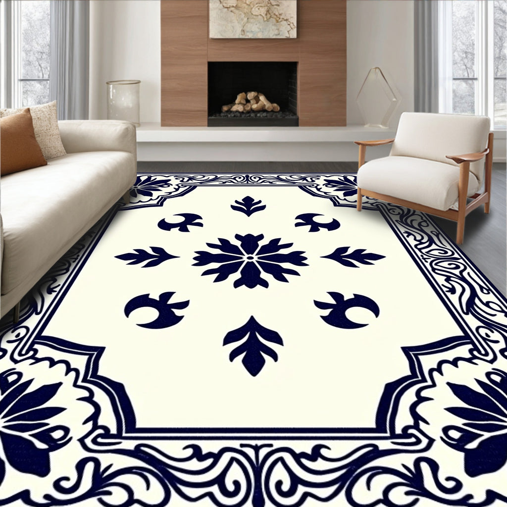 Classic Navy Floral Medallion Frame Rug