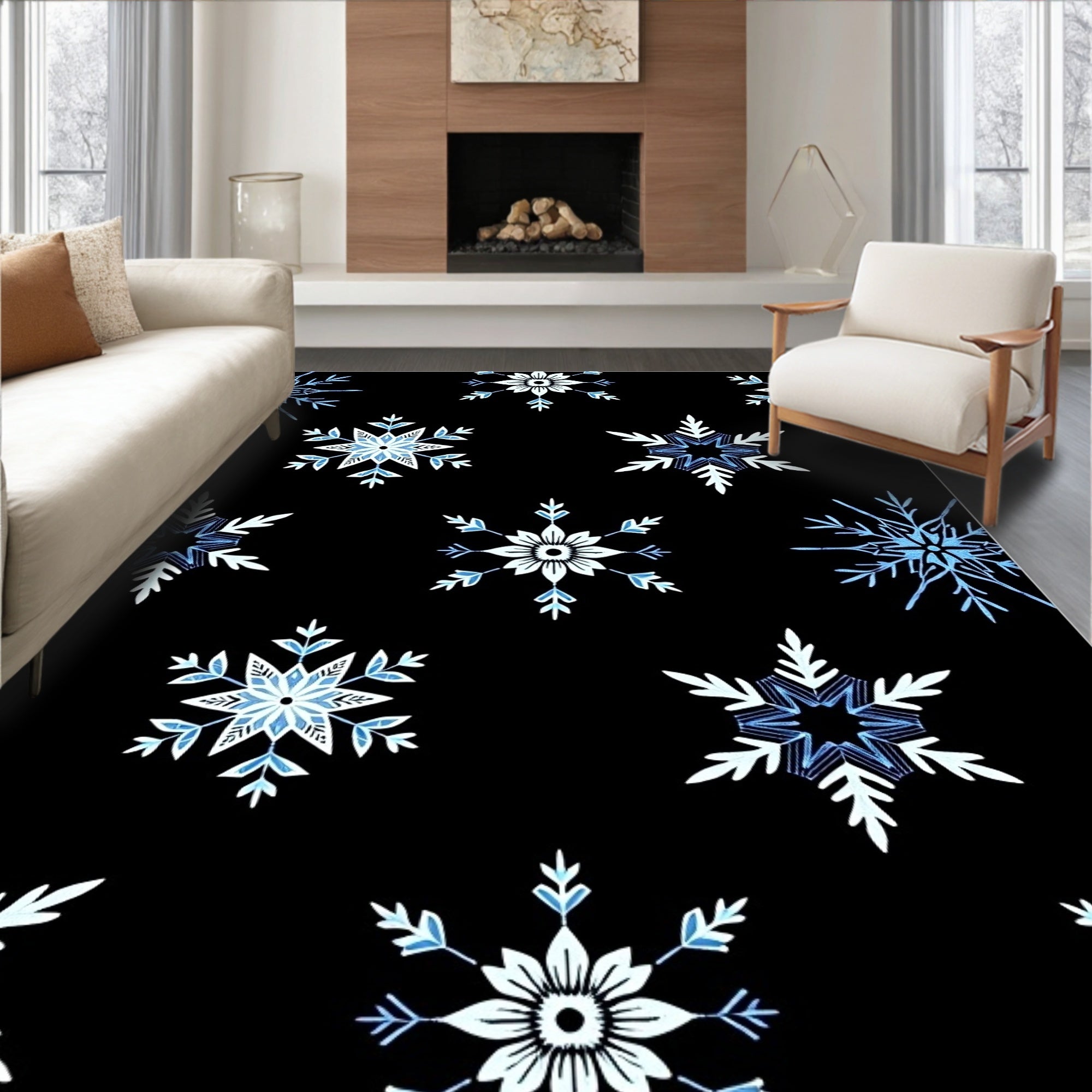 Winter Blue Snowflake Collage Rug