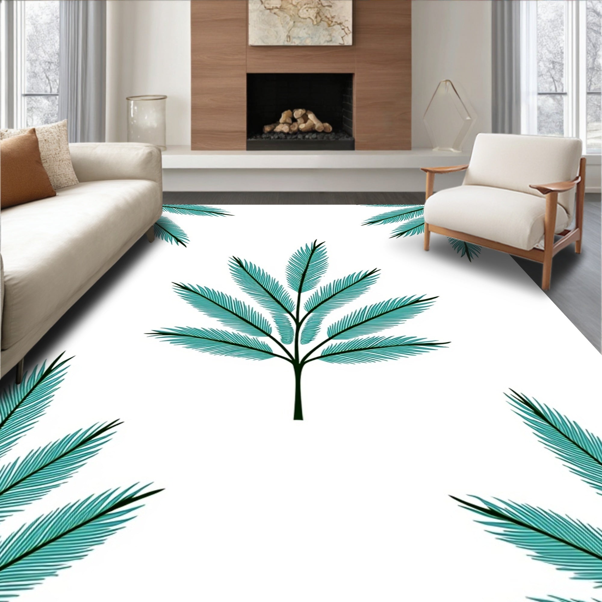 Teal Fern Frond Repeating Pattern Rug