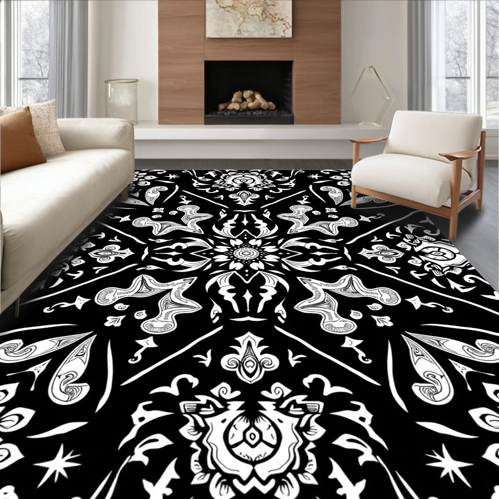 Black white ornate damask medallion Rug