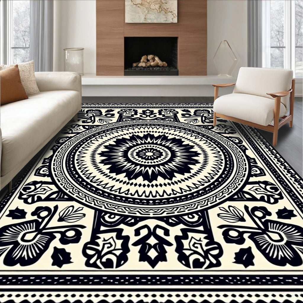 Bold Black Floral Medallion Border Rug