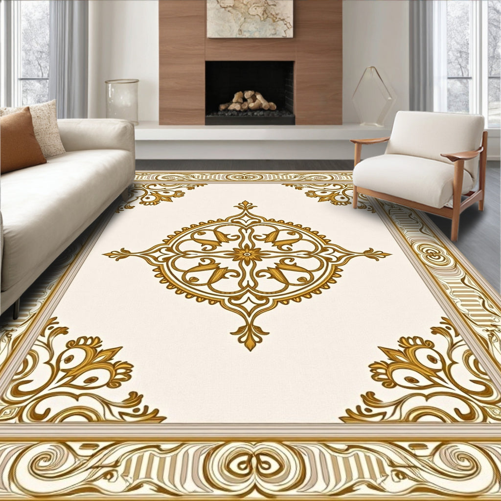 Elegant Gold Floral Scroll Frame Rug