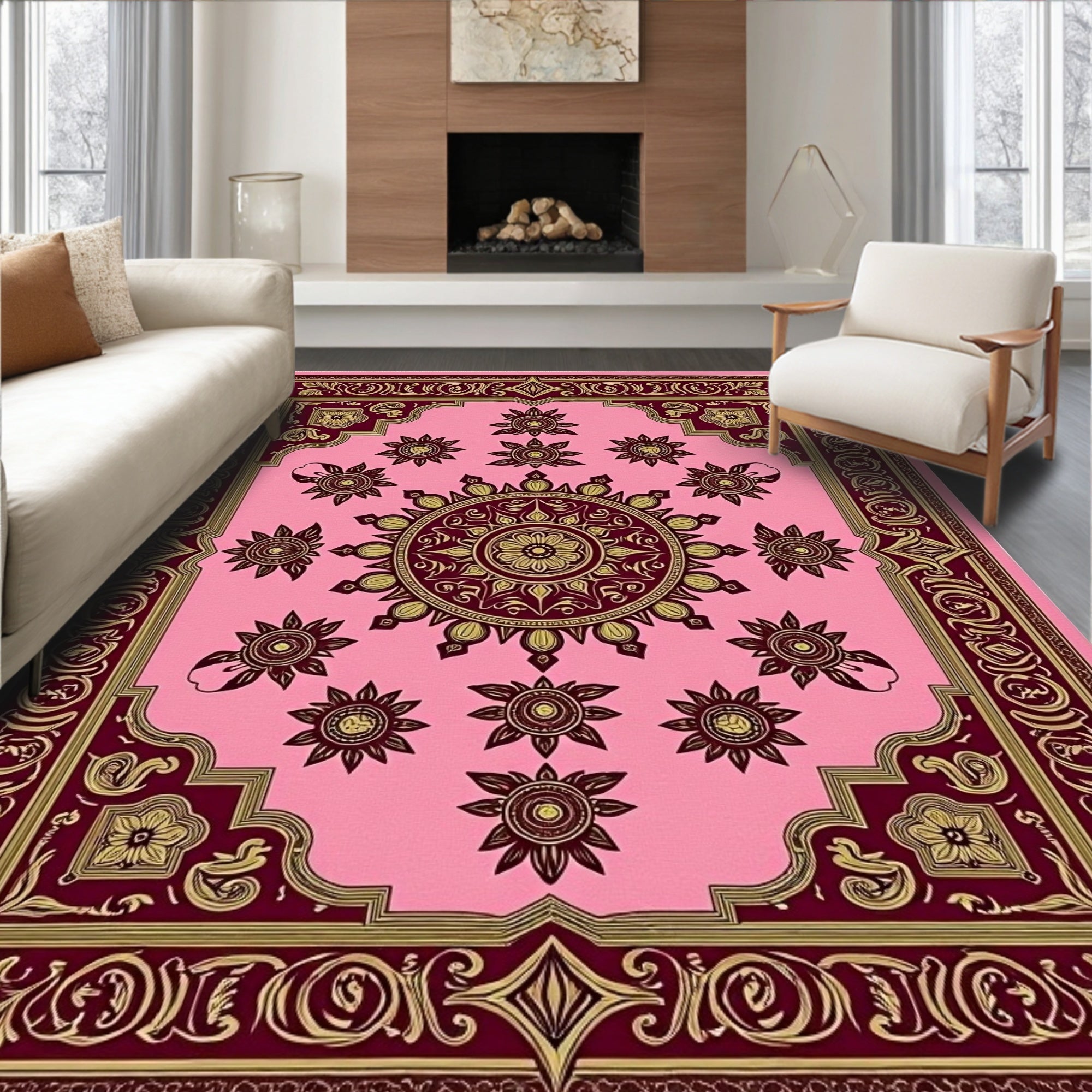 Pink And Gold Floral Medallion Rug