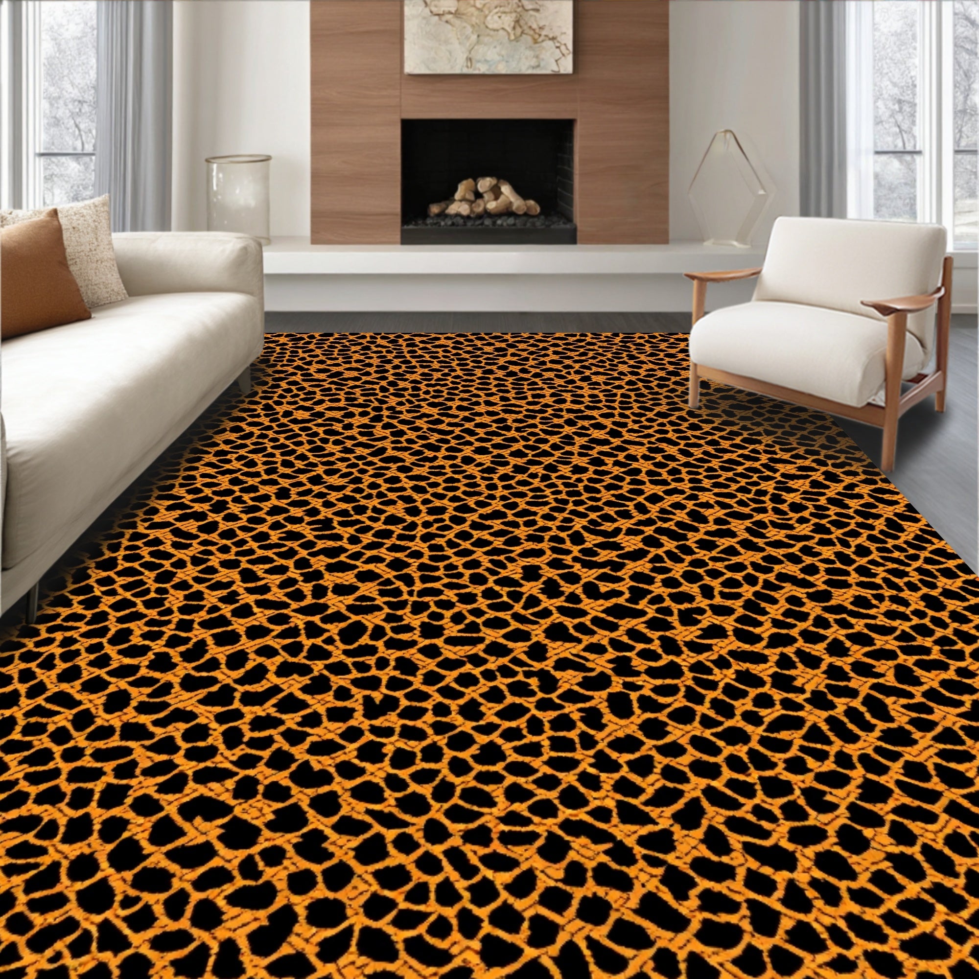 Orange Black Cracked Texture Rug