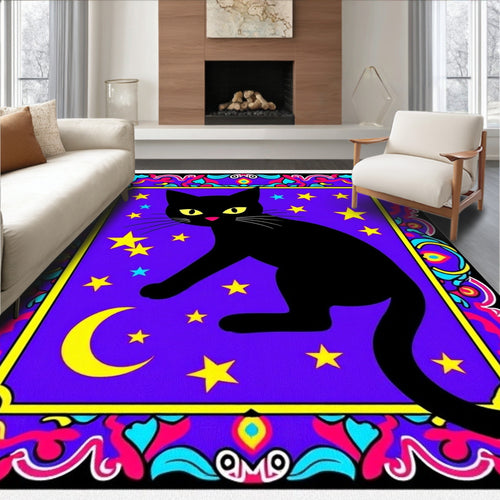 Black Cat Starry Night Border Rug