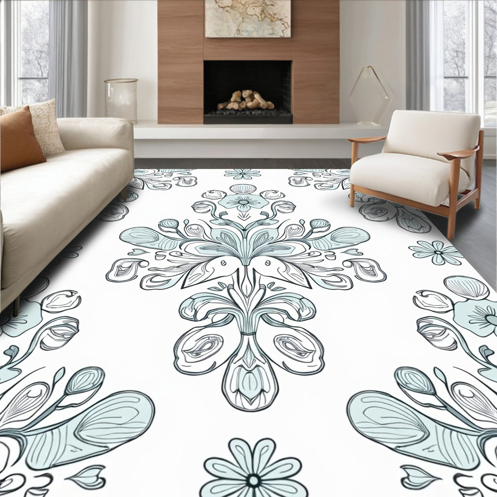 Soft Blue Floral Medallion Line Art Rug
