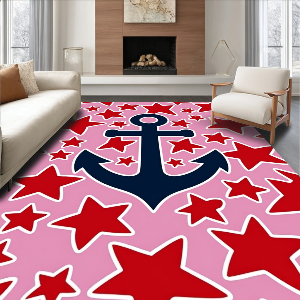 Navy Anchor Red Stars Pink Rug