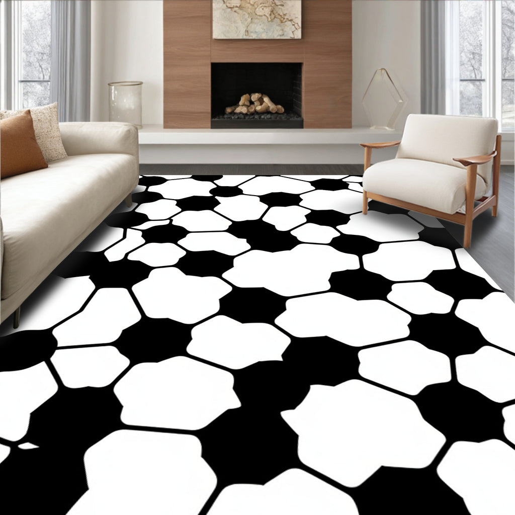 Black White Organic Hexagon Tessellation Rug