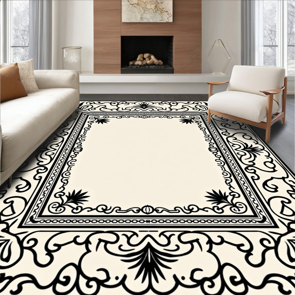 Classic Black White Floral Scroll Frame Rug