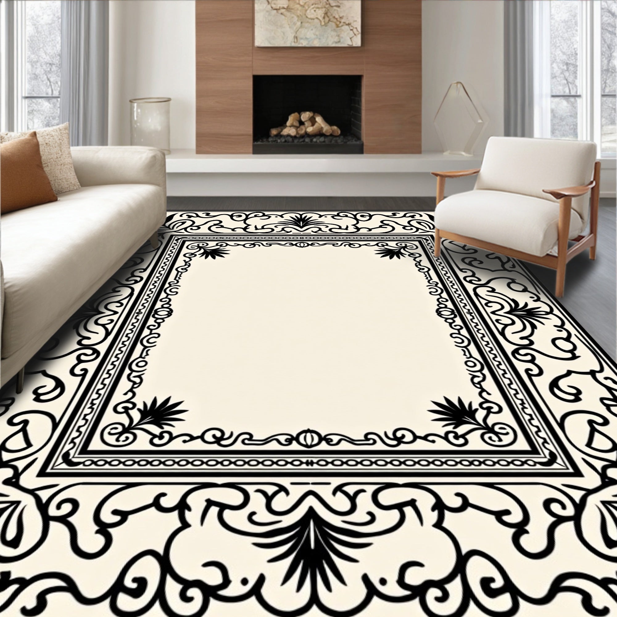 Classic Black White Floral Scroll Frame Rug