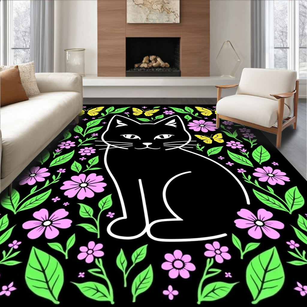 Whimsical Black Cat Floral Garden Rug