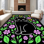 Whimsical Black Cat Floral Garden Rug