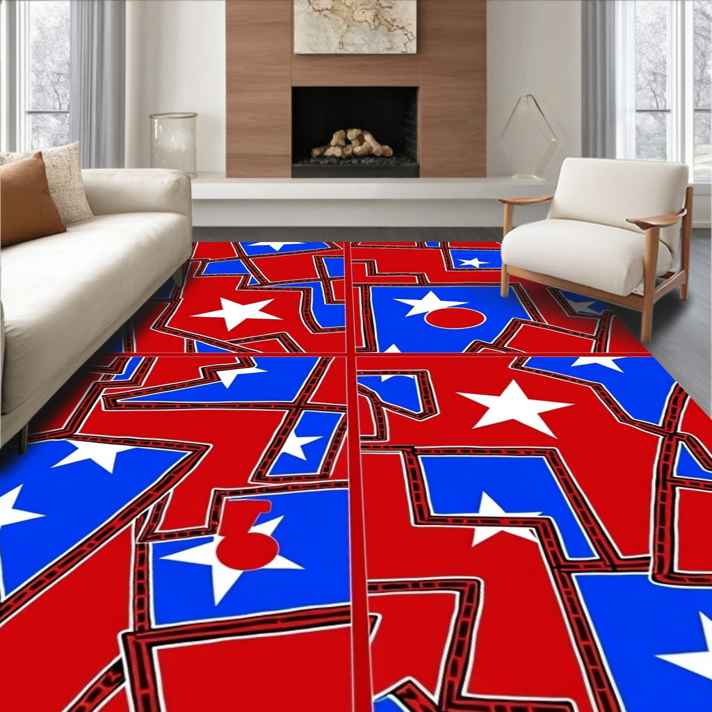 Bold Red Blue Abstract Star Collage Rug