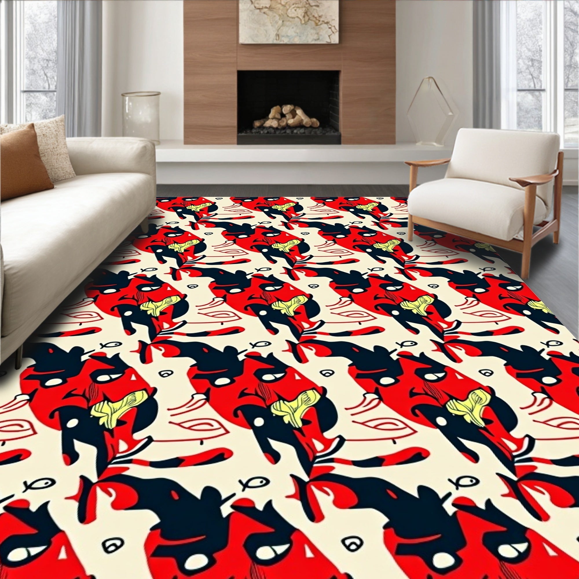 Bold Red Black Yellow Abstract Forms Rug